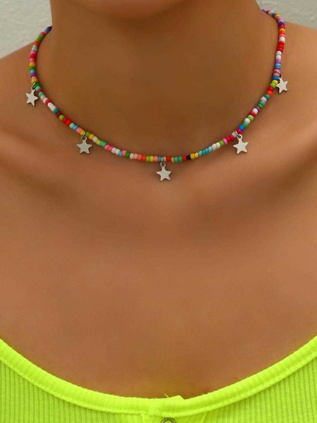

women's fashion accessories star charm beaded necklace, Silver