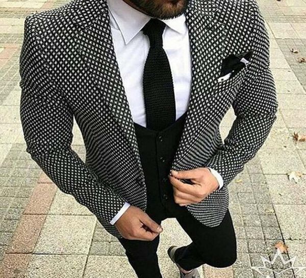 

grid cloth men suits 2018 wedding groom tuxedos slim fit three piece jacket pants vest notched lapel man clothing blazer6927745, Black;gray