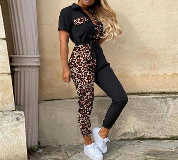 

elegant letter print jumpsuit women leopard patchwork deep v neck button shirt overall short sleeve office one piece romper914291036, Black;white