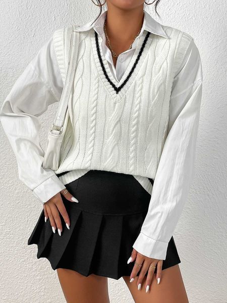 

qutie striped trim cable knit sweater vest blouse, White;black