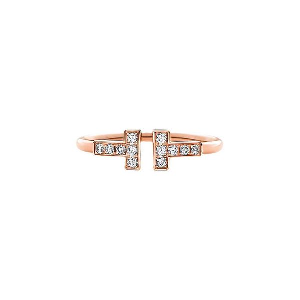 

eller seiko high edition reprint s925 sterling silver tiffay double t line diamond smooth 18k rose gold open ring female with logo
