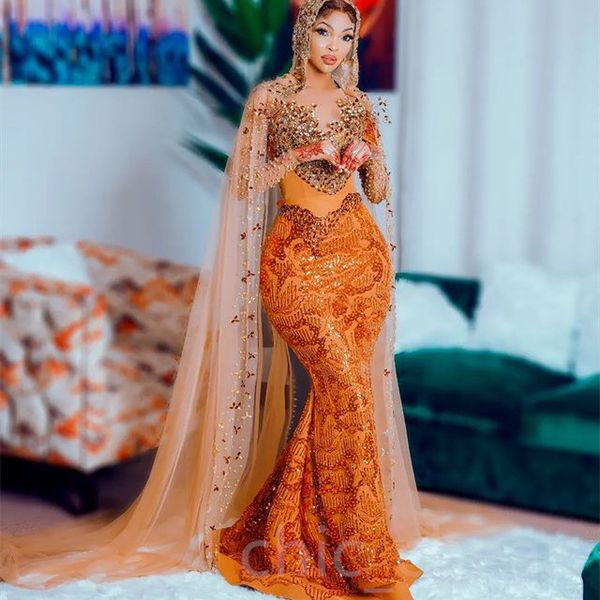 

2023 aso ebi mermaid orange prom dress crystals beaded evening formal party second reception birthday engagement gowns dresses robe de soire, Black