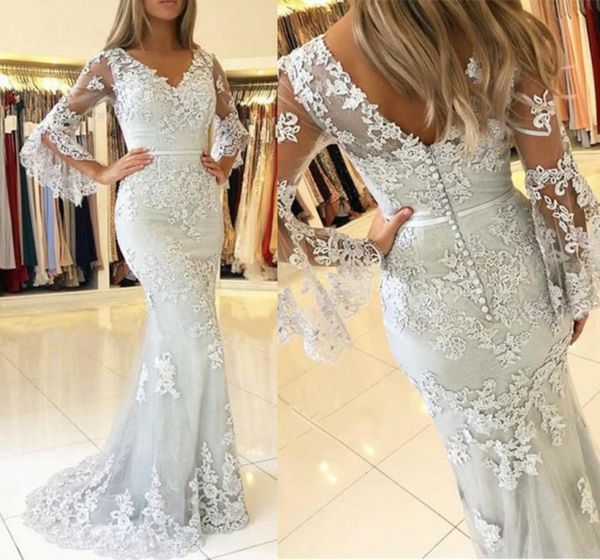 

v neck generous long sleeves prom dresses 2019 buttons back lace applique mermaid tulle party evening gowns8723973, Black