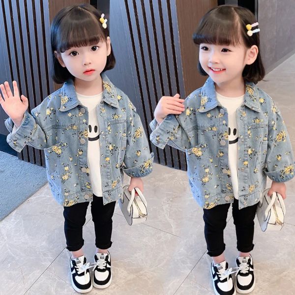 

suits girls denim jacket outerwear floral pattern coats spring autumn for children casual style clothing 230303 qef, Black