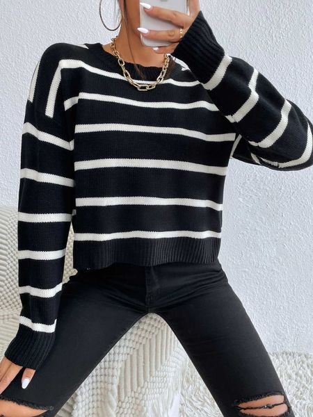 

women's clothing essnce striped shoulder sweater, White;black