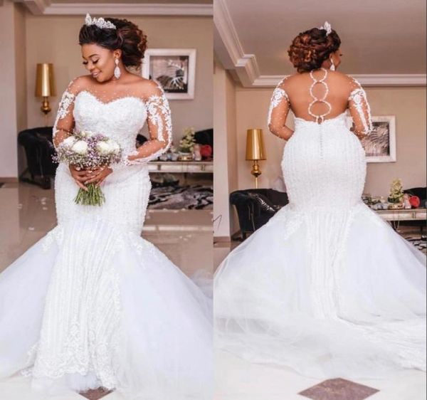

african beading lace mermaid wedding dressess luxury sheer long sleeves appliques pearls wedding bridal gowns plus size bridal ves8403876, White