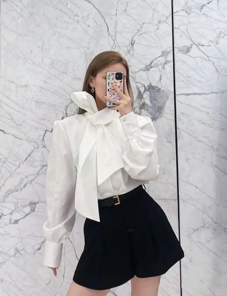 

new 2023 fashion whith colour bow neck shirt women elegant long sleeve casual loose t-shirt, White