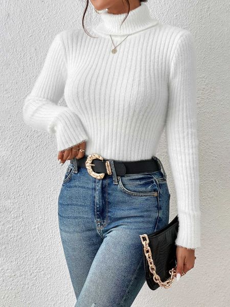 

women's clothing frenchy turtleneck ribbed knit sweater, White;black