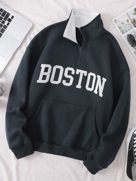 

letter kangaroo pocket half zip lined sweatshirt, White;black