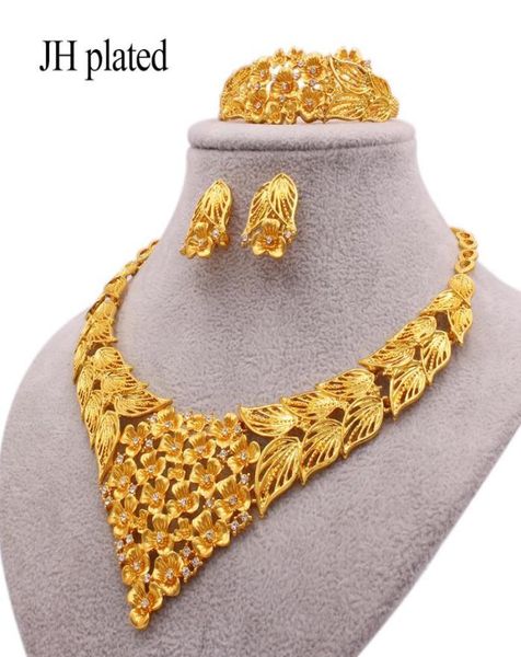 

earrings necklace jewelry sets dubai 24k gold color african wedding bridal gifts for women bracelet ring set jewellery collares8207086, Silver