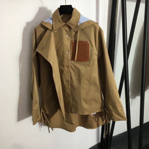 

lee03 luxury designer couple early autumn hooded short windbreaker coat leather patch casual sports mix material women's clothing, Tan;black