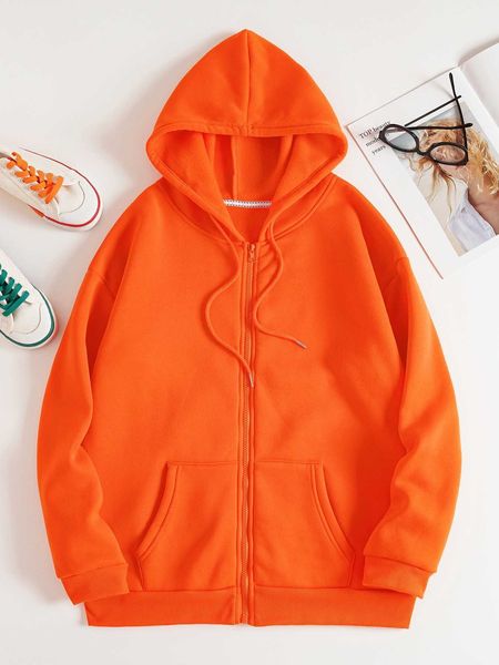 

drawstring pocket front zip up hoodie, White;black