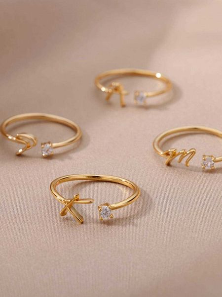 

women's accessories 1pc copper cubic zirconia simple adjustable opening ring with 26 english letters decoration, Silver