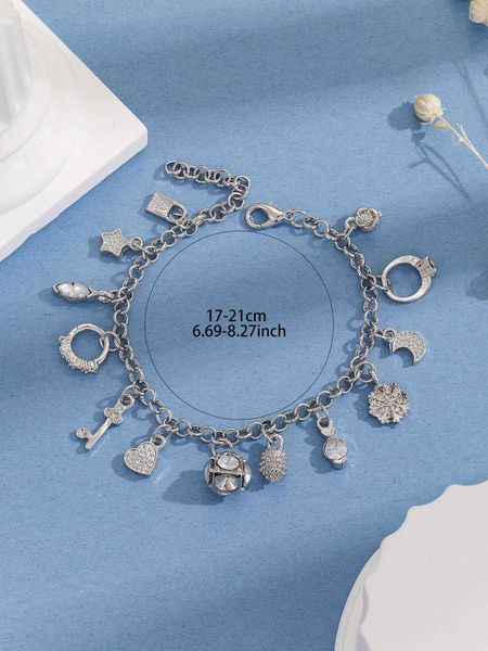 

1pc glamorous zinc alloy rhinestone decor key lock charm bracelet for women for daily decoration, Golden;silver