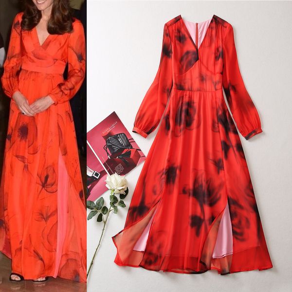 

high-quality 2023 summer runway style v-neck printed lantern sleeve dress, Black