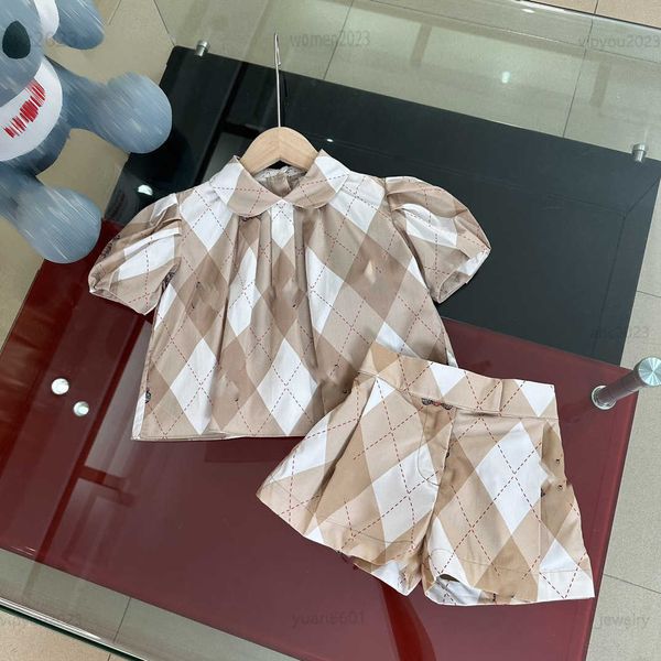 

designer baby clothes suit fashion kids sets 2-piece set bubble sleeved lapel t-shirt and diamond patterned shorts multiple product, White