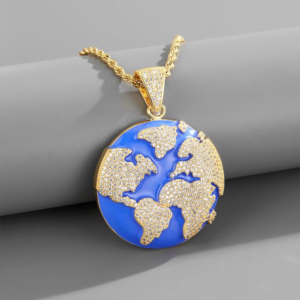 

hip hop rapper men shiny diamond pendant gold necklace iced out rhinestone earth pendant micro-inset full zircon jewelry night club rope cha, Silver
