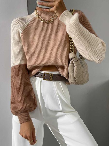 

women's clothing frenchy color block mock neck raglan sleeve sweater, White;black
