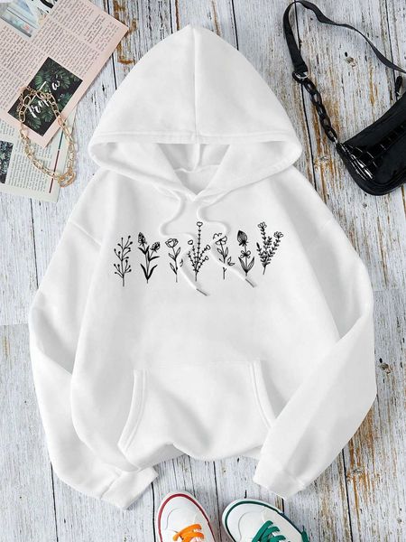 

floral kangaroo pocket drawstring hoodie, White;black
