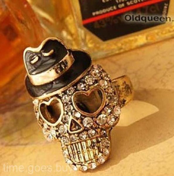 

popular bowler black hat crystal diamond skull pirate stretch ring gift r489251842, Silver