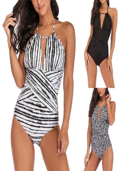 

2019 summer one piece swimsuit women swimwear female solid black leopard print backless bathing suit 5xl6547417