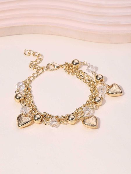 

women's fashion accessories bead decor heart charm bracelet, Golden;silver