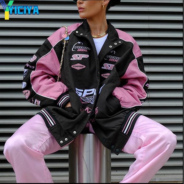 

women's jackets yiciya jacket bomber women outerwear oversize patchwork y2k vintage varsity baseball jackets racing american jacket fas, Black;brown