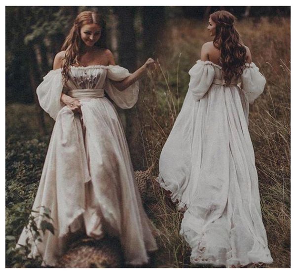 

new beach chiffon a line printed open back beach boho embroidery ivory off the shoulder princess wedding dress puff sleeves bridal9873398, White