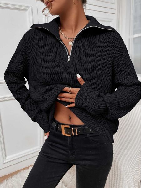 

women's clothing ribbed knit half zipper shoulder sweater, White;black