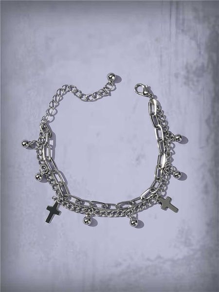 

women's fashion accessories goth cross charm layered bracelet, Golden;silver
