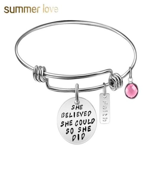 

inspirational faith pink birthstone pink charm bracelet bangle for women 60mm expandable stainless steel size bangle6987233, Black