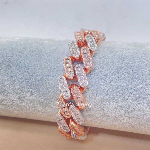 

15mm rose gold white gold color big three row iced out moissanite miami hip hop jewelry cuban link bracelet, Silver