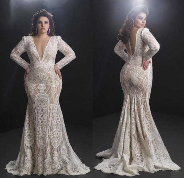 

2020 plus size mermaid wedding dresses v neck appliqued beaded long sleeves bridal gowns sheer back ruffle sweep train vestidos de8481721, White