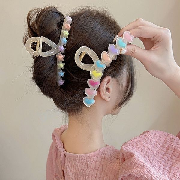 

jelly color y2k hairpin women rainbow love stars large hair claw clips acrylic ponytail hair crab girls hair accessories, Slivery;white