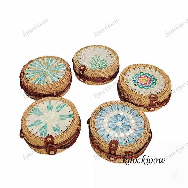 

pure handmade weaving ethnic crafts shoulder bag round rattan woven crossbody bag shell decor braided bag bamboo bag straw bag handbag cross