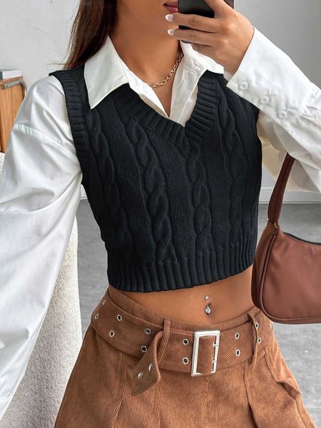 

qutie cable knit crop sweater vest blouse, White;black