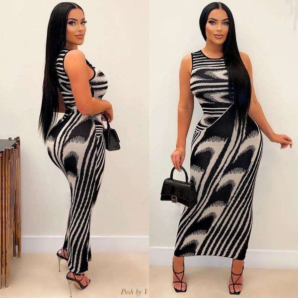 

title womens clothing spring style casual sleeveless print round neck slim long dress for women, Black;gray