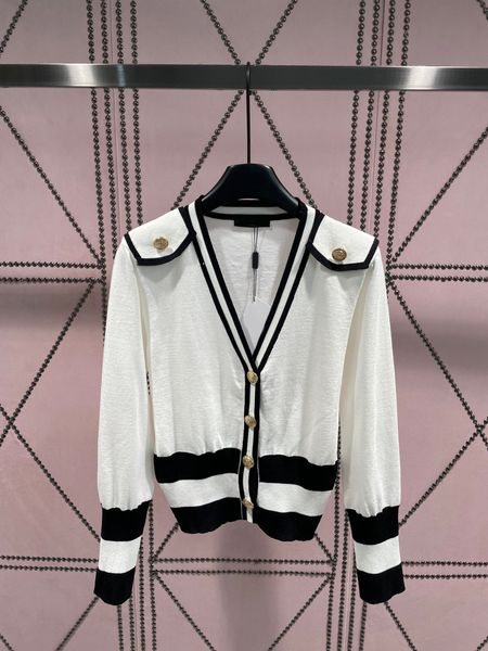 

2023 contrast patchwork v-neck single breasted knit cardigans women's sweater pockets casual knitted coat, White;black