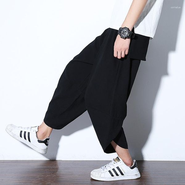

men's pants summr men chinese style cotton linen harem streetwear breathable beach male casual calf-lenght trousers, Black