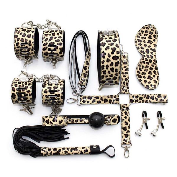 

sm shiny leather leopard print 8-piece set of handcuffs cuffs sers eye masks nipples and collars 80% off store online sale