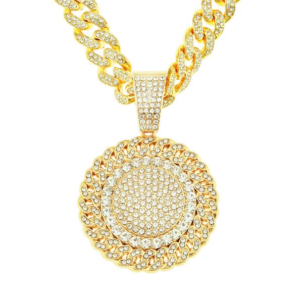 

hip hop rapper men shiny diamond pendant gold necklace iced out sunflower circle pendant micro-inset full zircon jewelry night club punk 50c, Silver