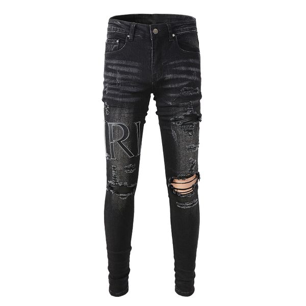 

jeans men letter embroidery designer denim pants fashion holes hip hop street trousers size, Blue