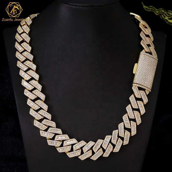 

men hip hop jewelry cuban chain bracelet gold plated iced out cuban link chain baguette diamond cuban chain necklace, Silver