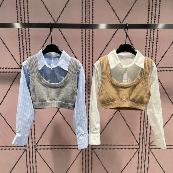 

2023 runway design autumn women fashion sleeveless knit and long sleeve lapel stripe pattern lapel casual shirt 2 pcs set, White