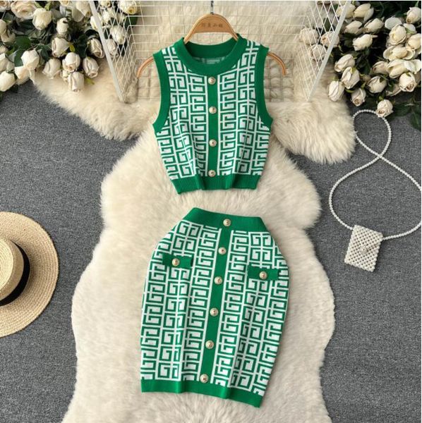 

designer women tracksuits knitted set sleeveless round neck tank hip wrap short skirt fashion two piece set, Gray