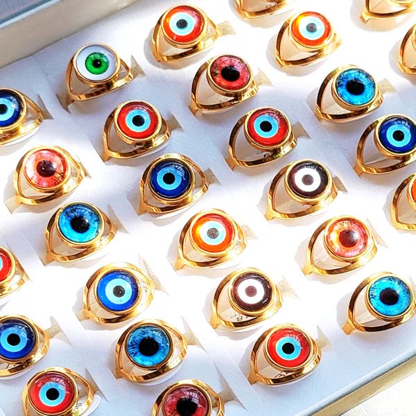

wholesale 10/20/30pcs fashion gothic evil eye rings for women men stainless steel gold plated punk mixed design wedding gift party jewelry, Slivery;golden