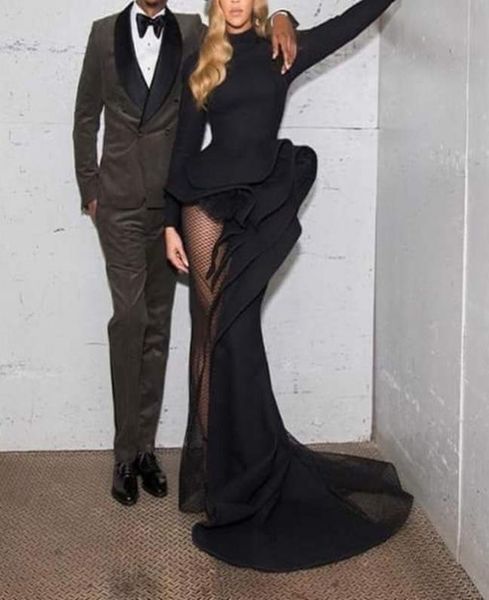 

2020 new black see thru mermaid evening dresses full sleeves ruffles tutu trumpet prom gowns abendkleider elastic fabric part5494522