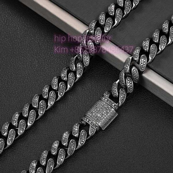 

hip hop jewelry black moissanite 12mm miami cuban chain round cut moissanite diamond 925 silver cuban chain necklace