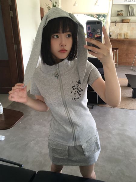 

women's t-shirt adagirl kawaii rabbit ear zipper t-shirts y2k aesthetic streetwear korean fashion tees short sleeve fairy cutecore wome, White