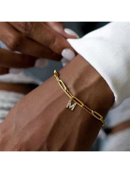 

dainty initial bracelet for women new classic letter pendant stainless steel paper clip chain bracelet, Golden;silver